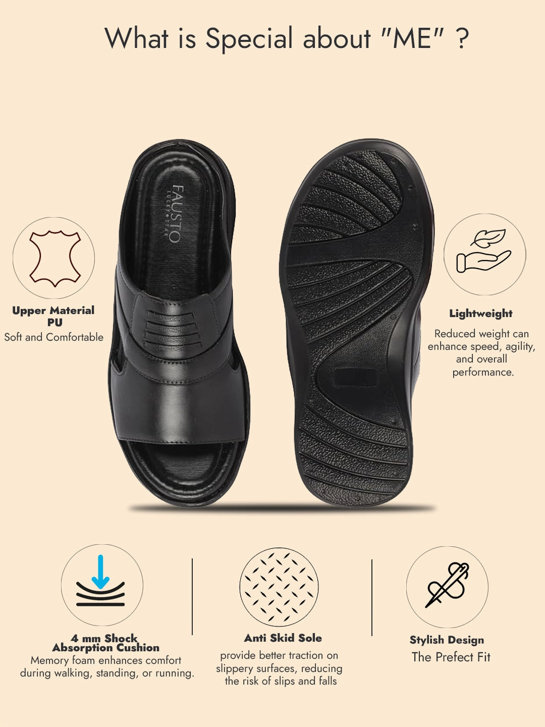 Men Black Daily Indoor Outdoor Comfort Stitched Design Open Toe Slip On Slipper Premium Ultra Comfort Sole Slippers