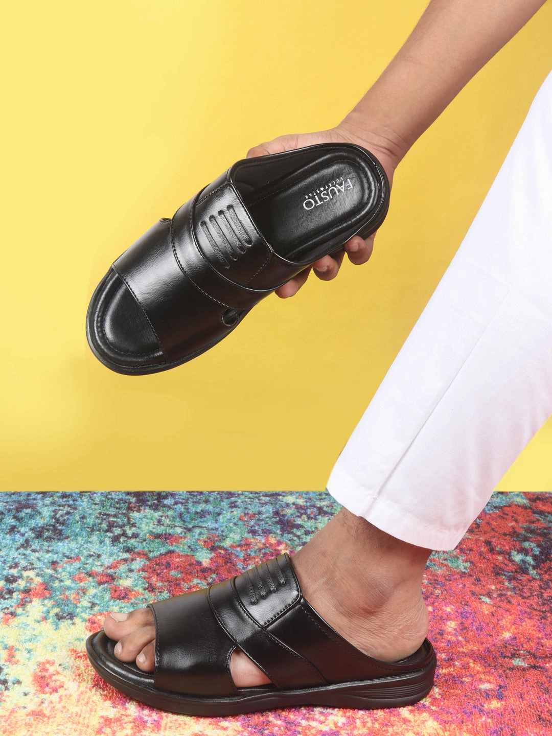 Quinceanera Slippers Men Black Daily Indoor Outdoor Comfort Stitched Design Open Toe Slip On Slipper