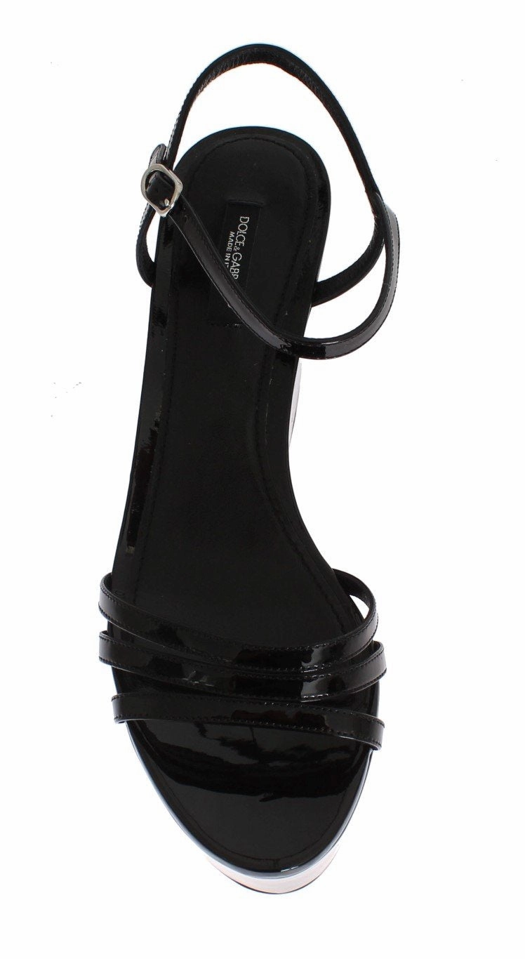 Black Leather Wedges Platform Sandals Flat Ankle Strap Sandals