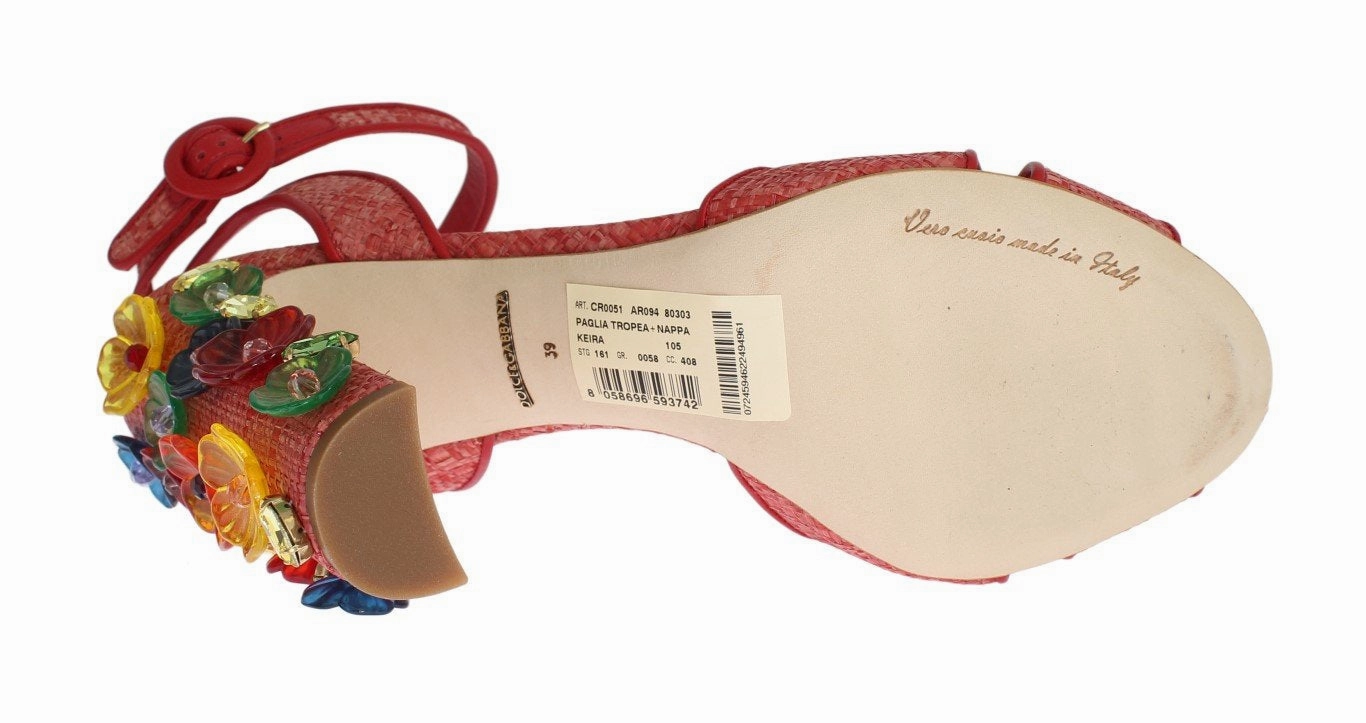 Red Leather Straw Crystal Sandals Milano Rugged Sandals - Size 39