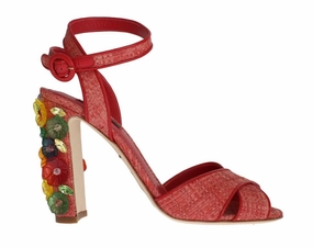 Red Leather Straw Crystal Sandals Sandals St.lucia