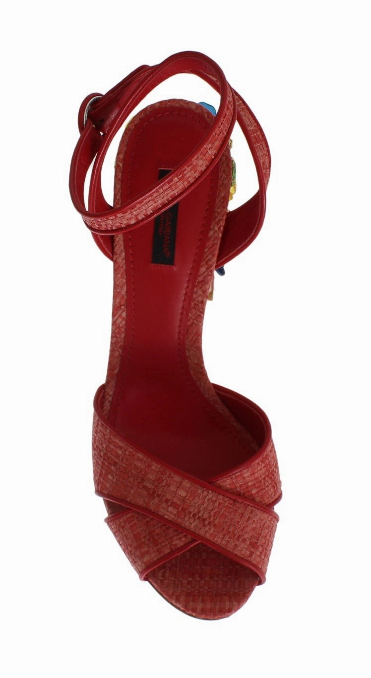 Sandals Closed Toe Red Leather Straw Crystal Sandals