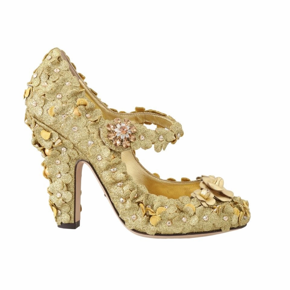 Dolce & Gabbana Gold Floral Crystal Mary Janes Pumps Wide Width Wedge Sandals