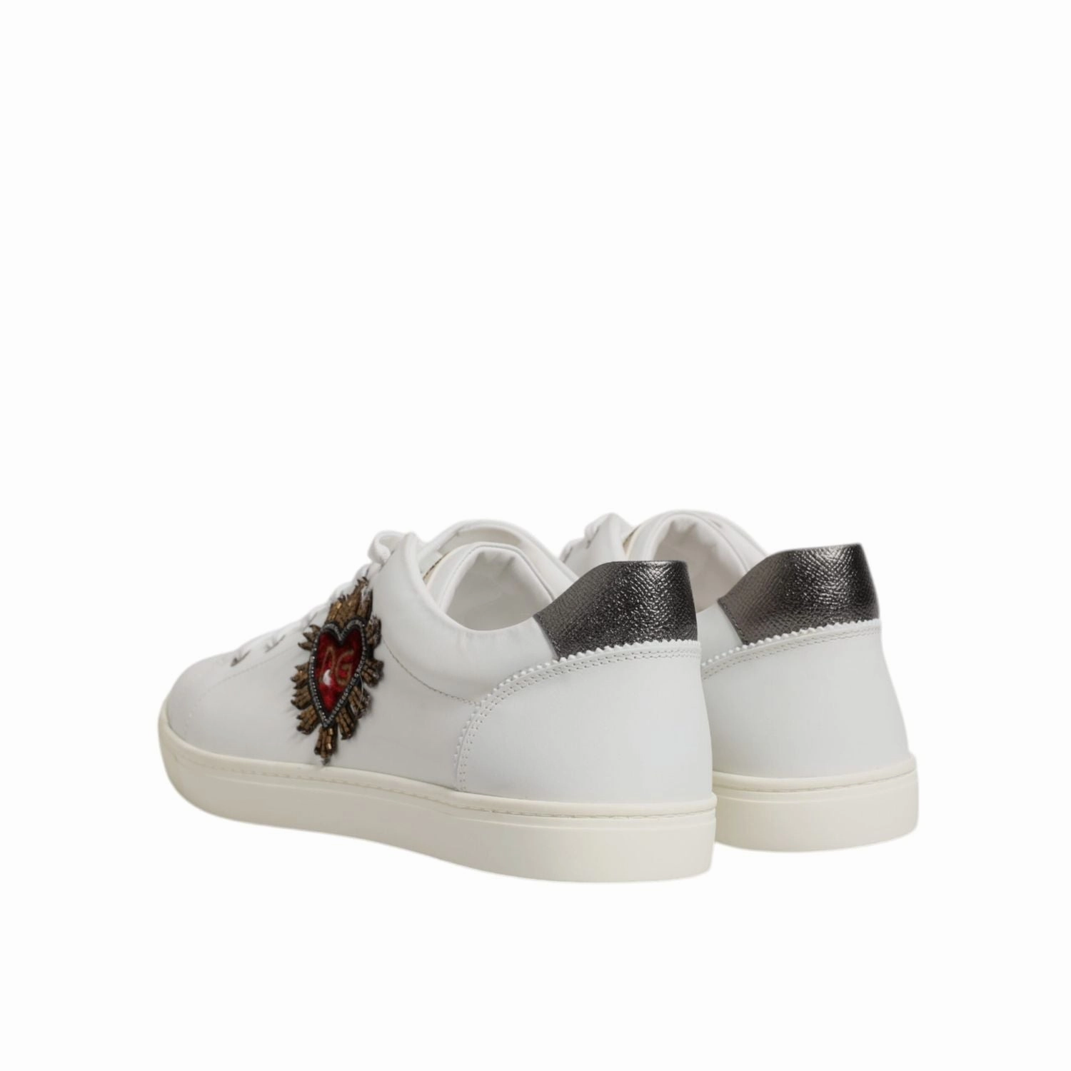 Dolce & Gabbana White Leather Heart Embellished Sneakers Shoes Ivory Sneakers