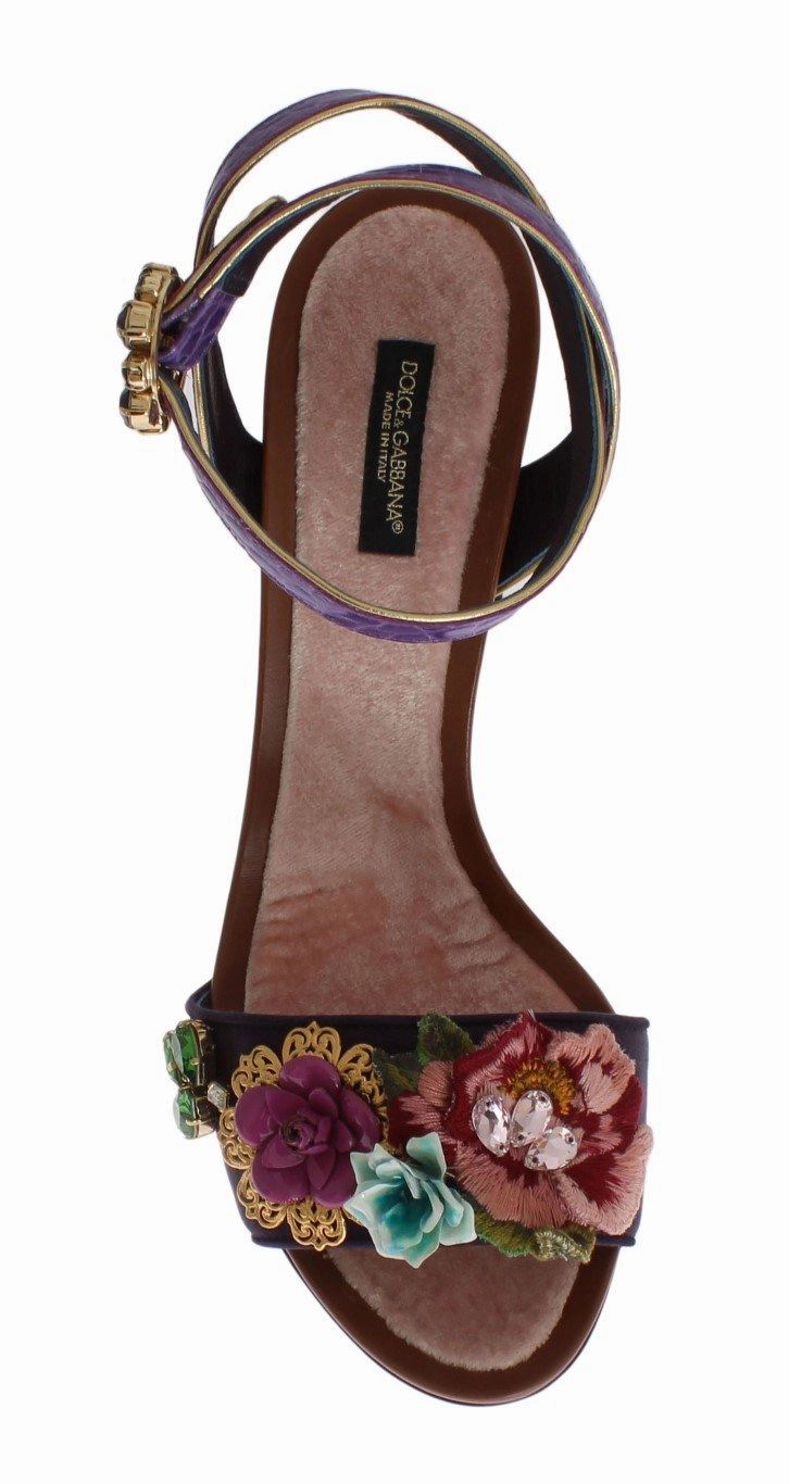 Purple Floral Crystal Leather Sandals Crocs Wedge Sandals