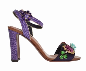 Purple Floral Crystal Leather Sandals Heeled Sandals Low
