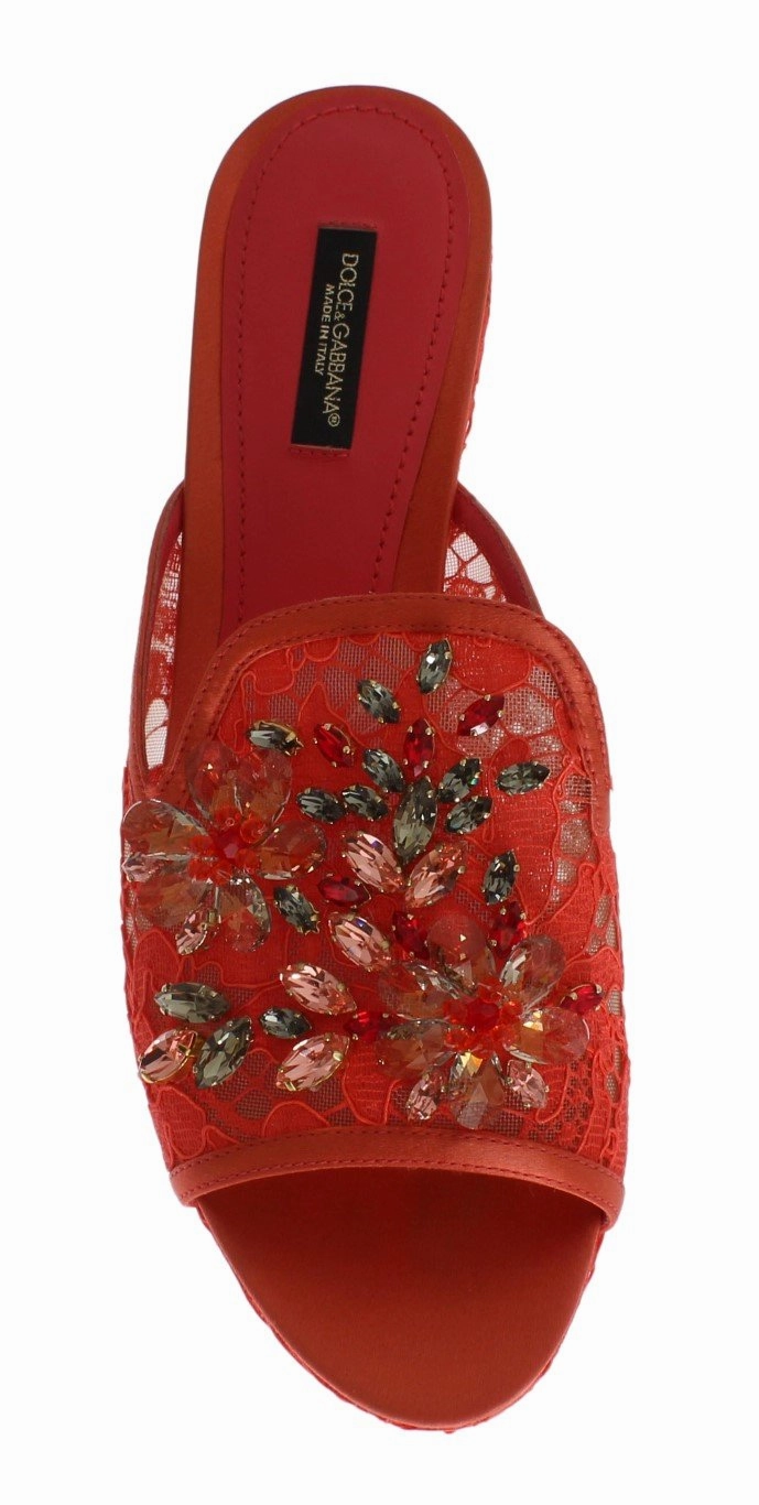 Leather Sandals Flat Red Lace Crystal Mules Wedge Sandal Shoes