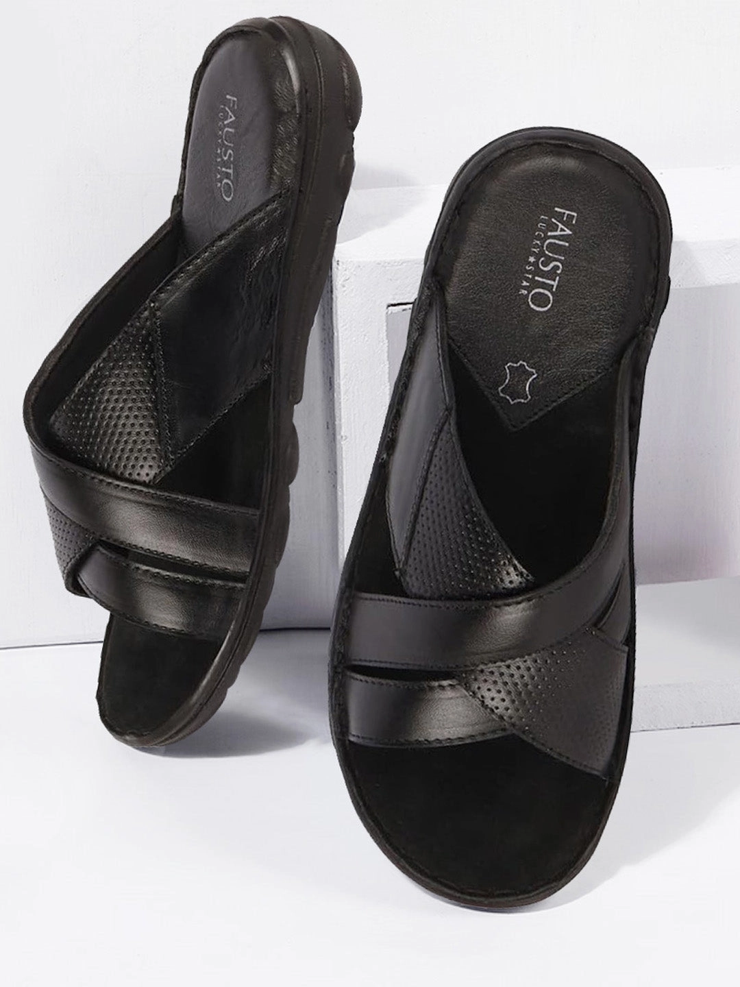 Sportswear Slides Men Black Genuine Leather Criss Cross Strap Open Toe Suede Leather Insole Slippers