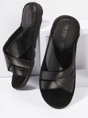 Mou Mou Slippers Men Black Genuine Leather Criss Cross Strap Open Toe Suede Leather Insole Slippers