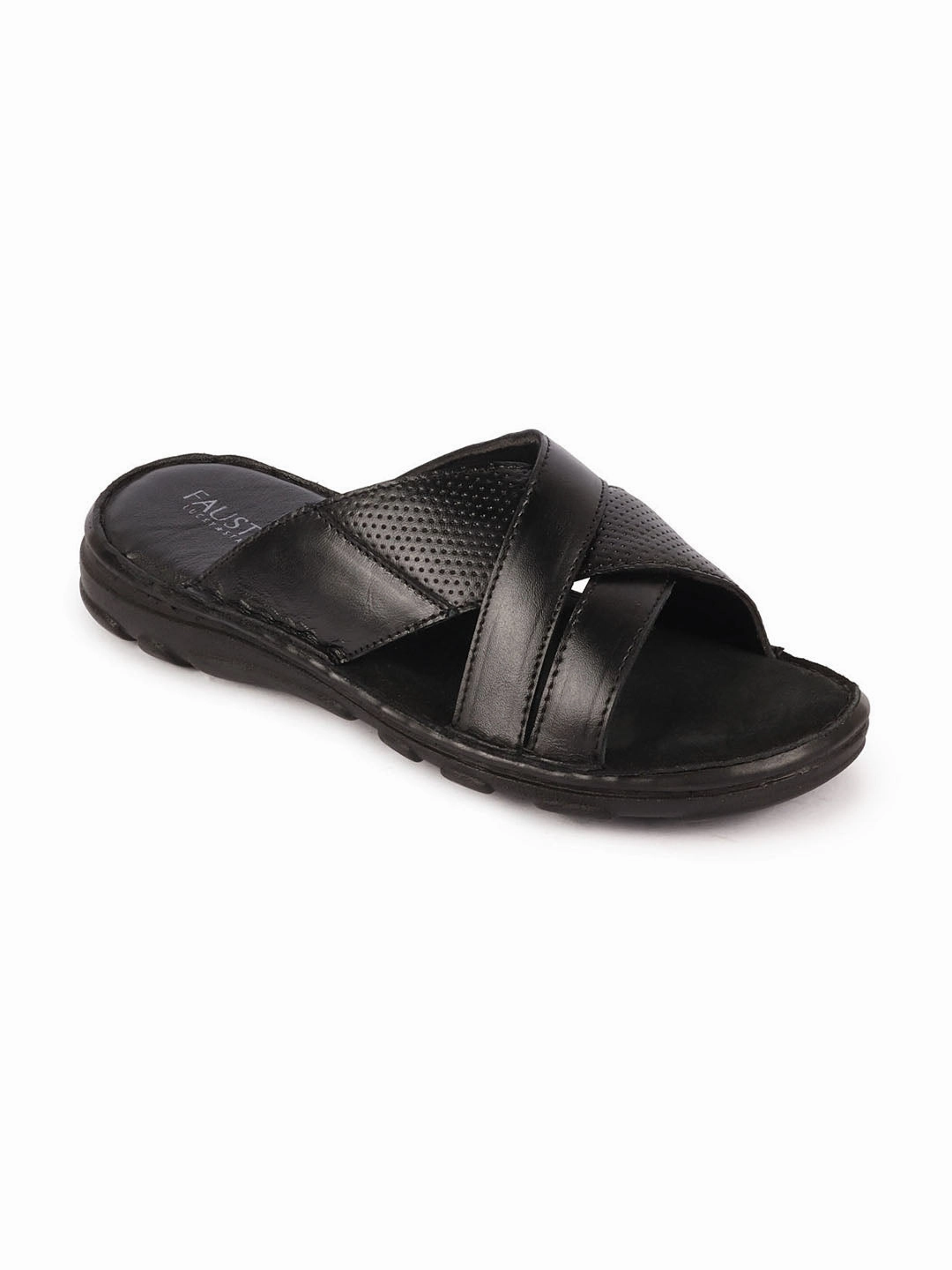 Ugg Like Slippers Men Black Genuine Leather Criss Cross Strap Open Toe Suede Leather Insole Slippers