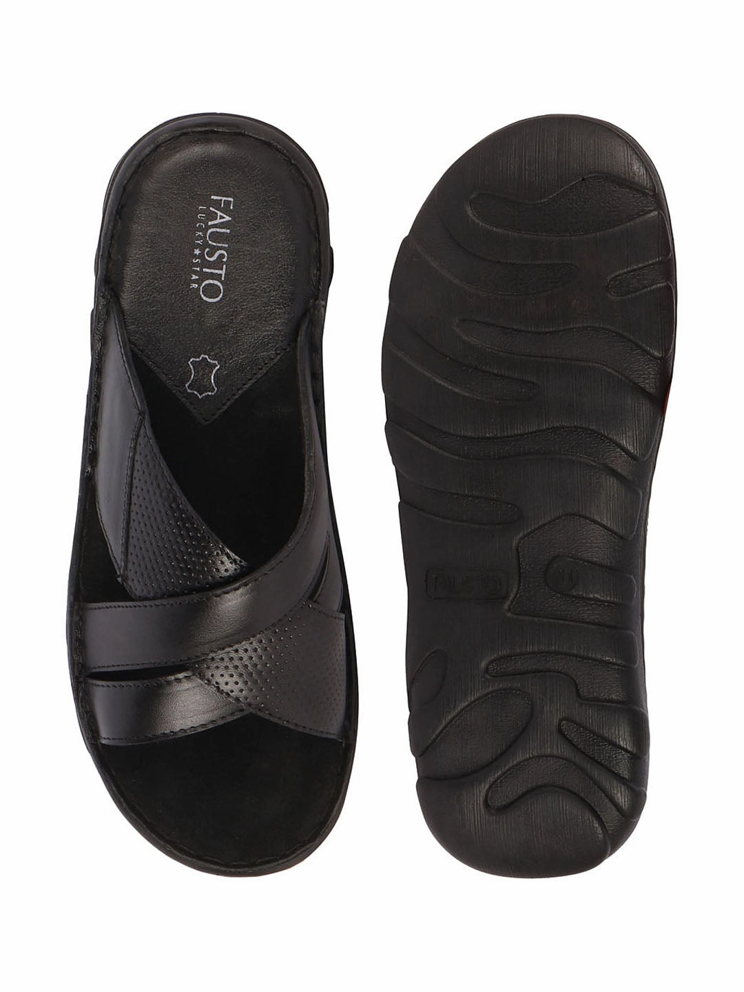 Mixit Slippers Men Black Genuine Leather Criss Cross Strap Open Toe Suede Leather Insole Slippers