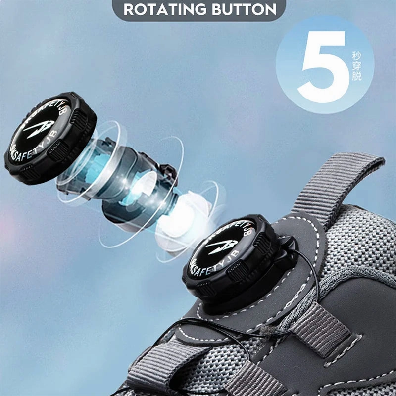Rotating Button New Safety Shoes Men Anti-smash Anti-puncture Work Shoes Fashion Men Sport Shoes Security Protective Boots Men Wide Flat Bottom Mtb Lace Shoe