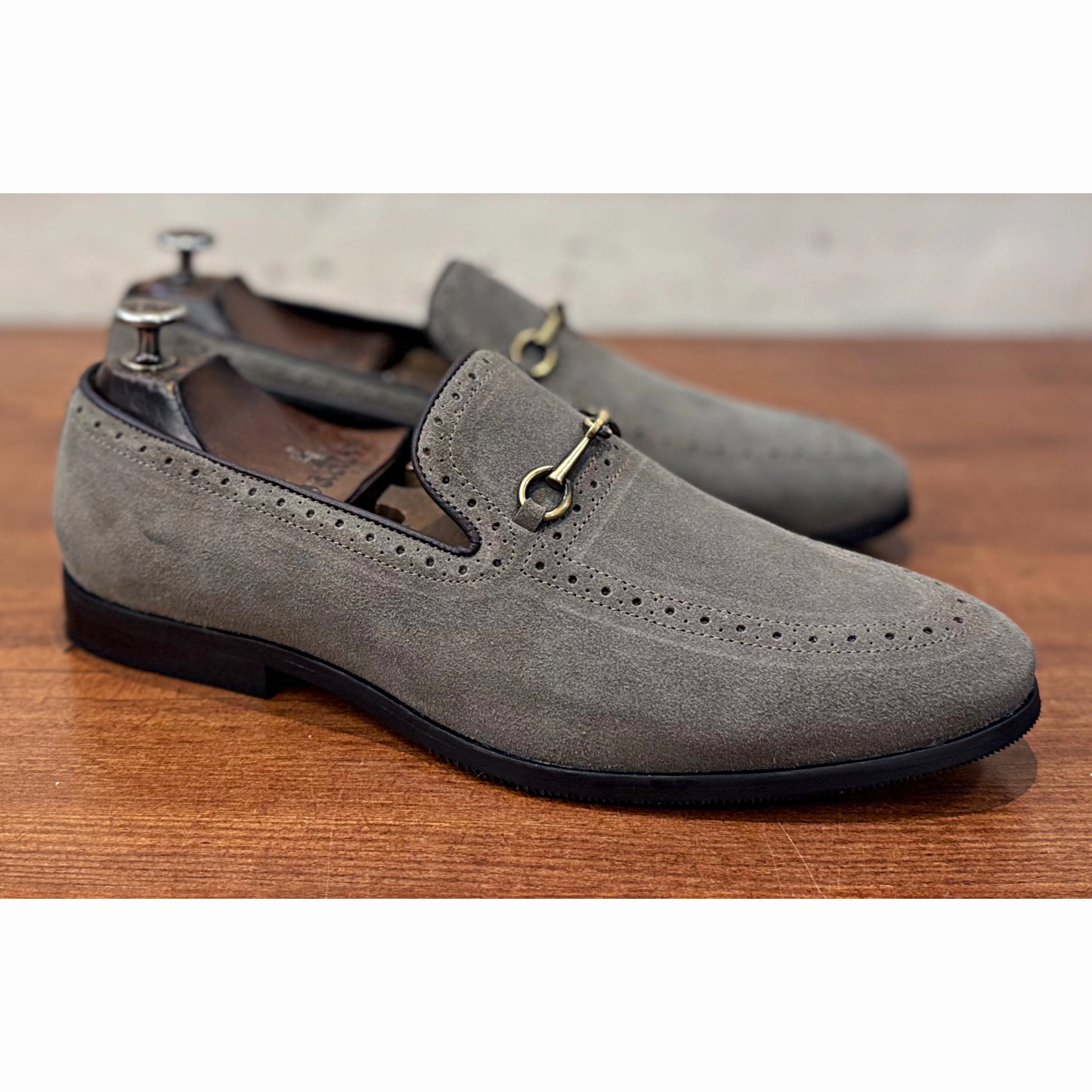Semi Brogues Grey Suede Loafers Loafers With Wide Toe Box