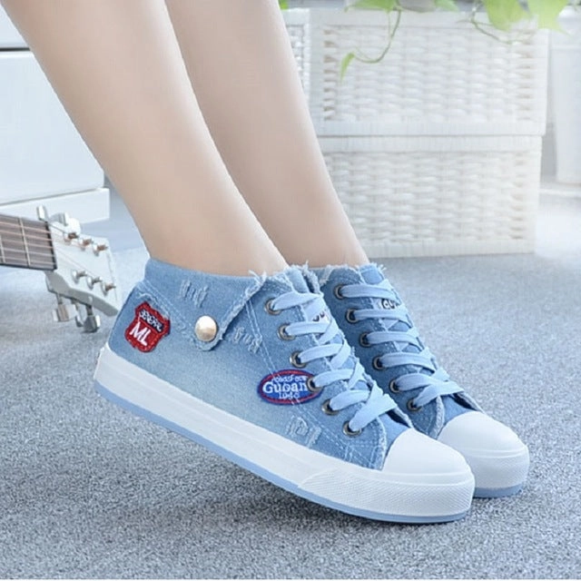 Shoes Women 2017 Sping Autumn Denim Casual Shoes Lace-Up Women's Fashion Flats High Top Canvas Shoes Woman Flat Shoes Travel Flats Shoes