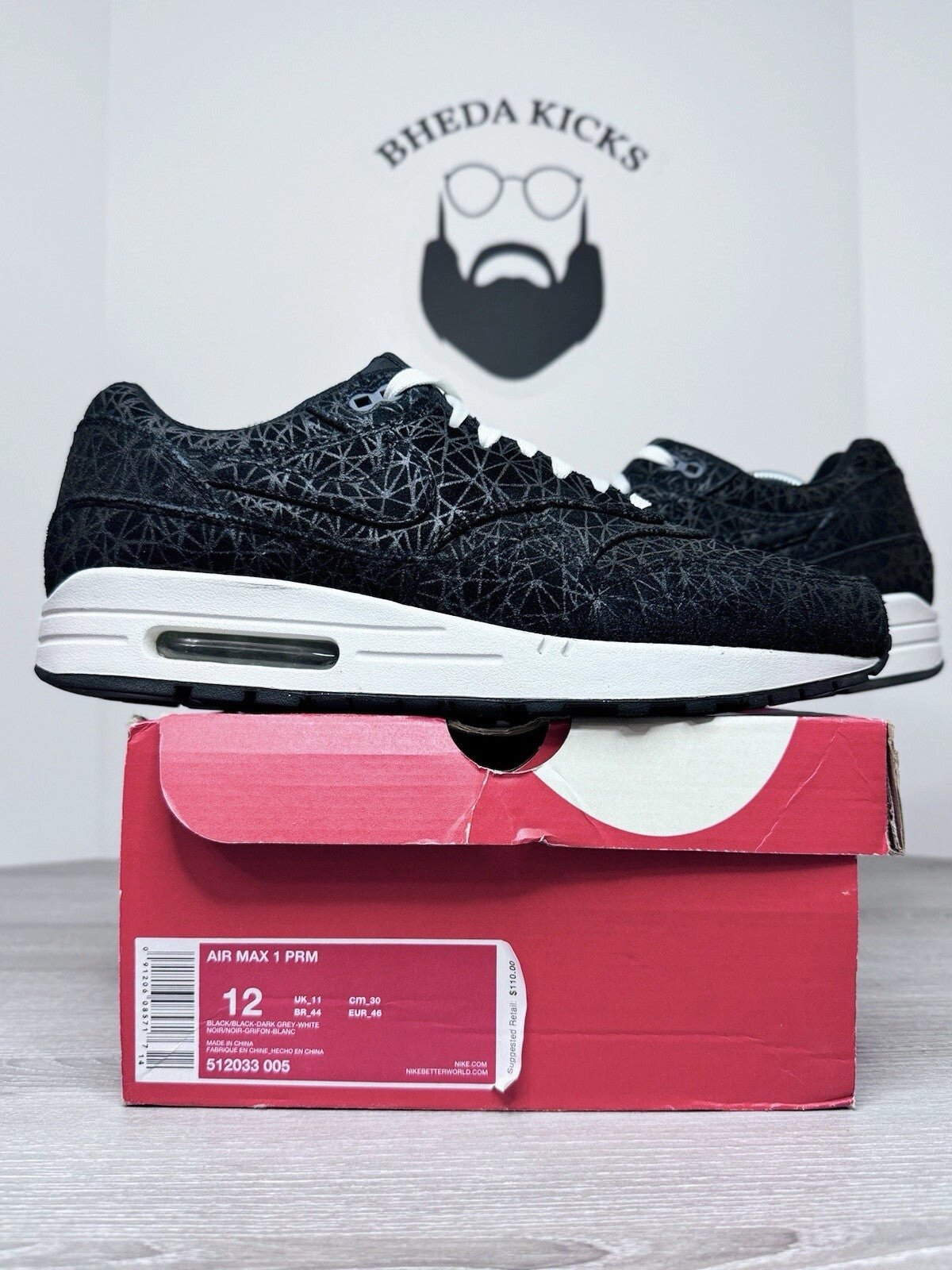 Size 12 - Nike Air Max 1 Premium Geometric 512033-005 Preowned Authentic Asics Shoes For Heel Spurs