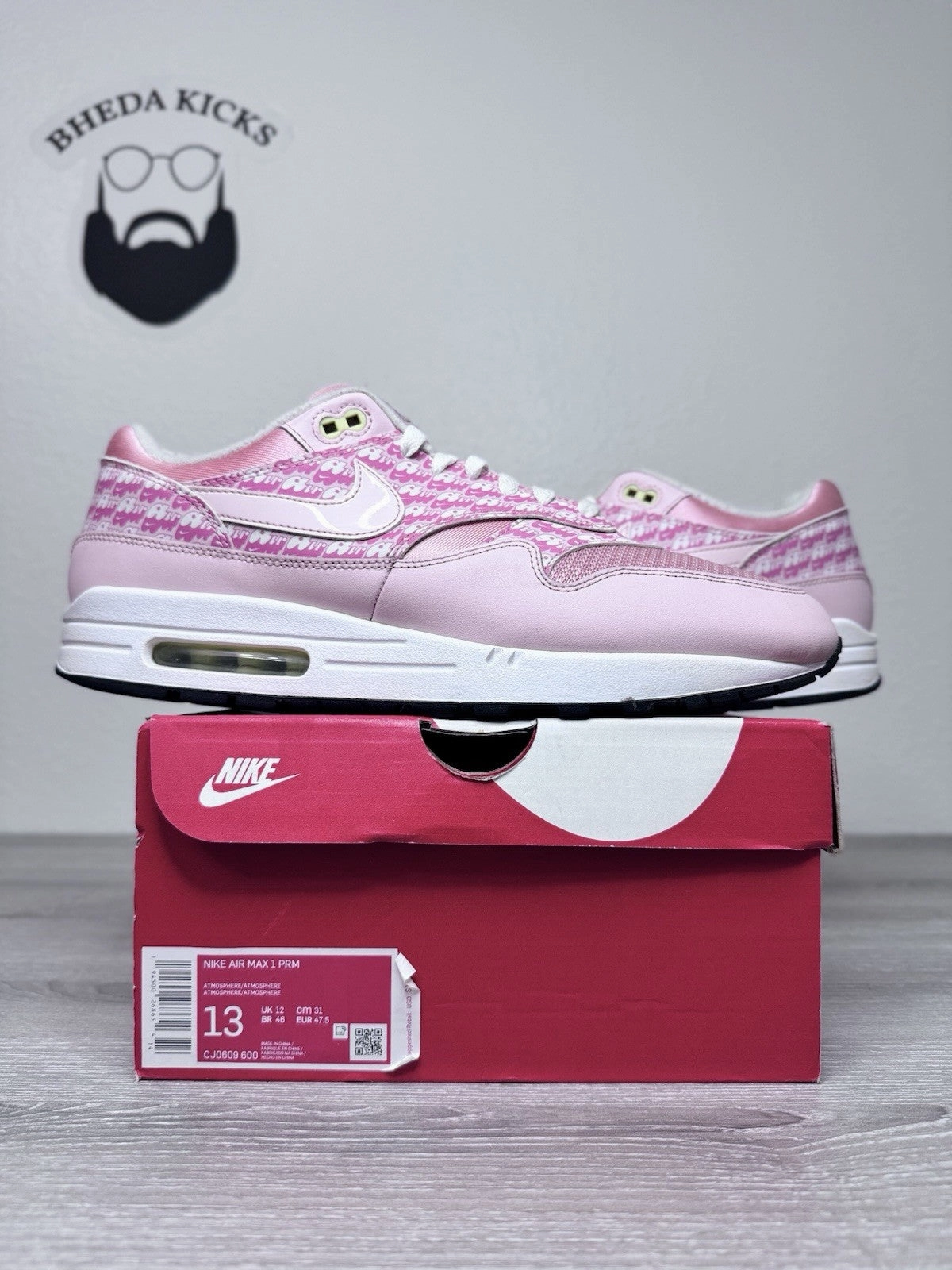 Size 13 - Nike Air Max 1 Premium Strawberry Lemonade CJ0609-600 Preowned Asics Running Shoes Road Runner