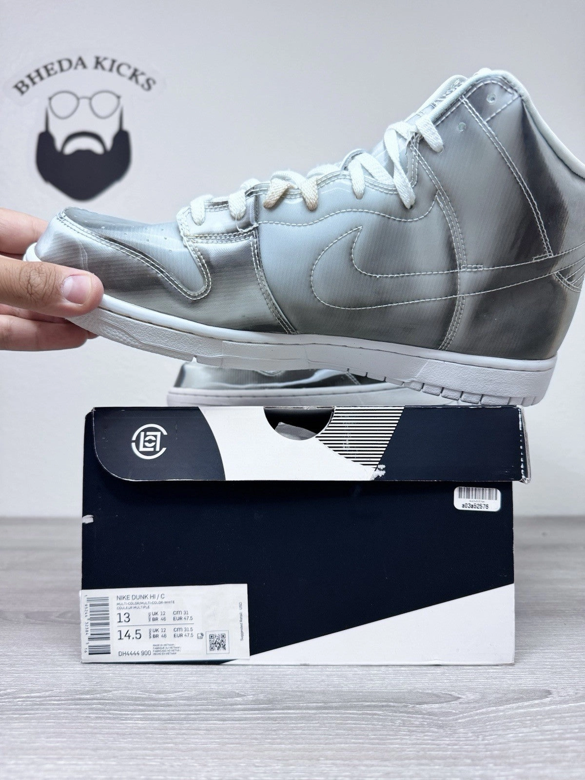 Size 13 - Nike CLOT x Dunk High Flux Silver Suede White (DH4444-900) Preowned Asics Shoes Djokovic