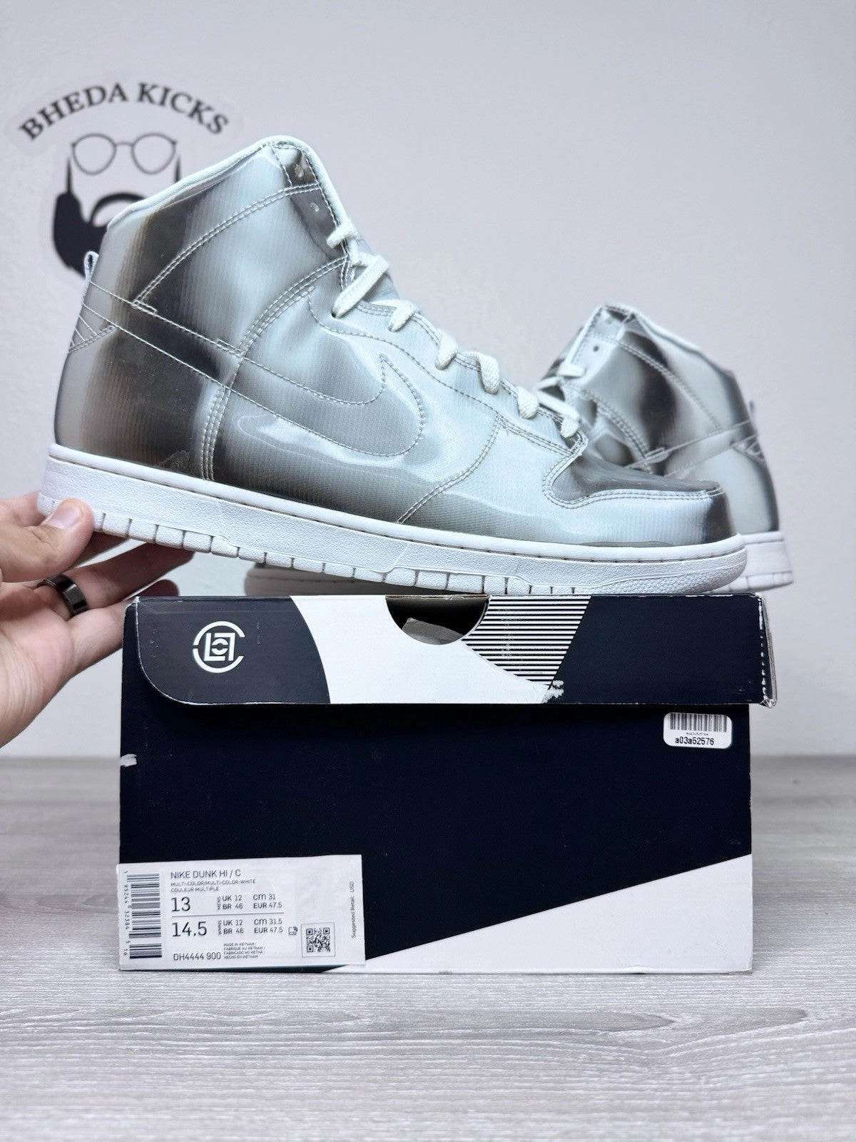 Size 13 - Nike CLOT x Dunk High Flux Silver Suede White (DH4444-900) Preowned Carbon Asics Running Shoes