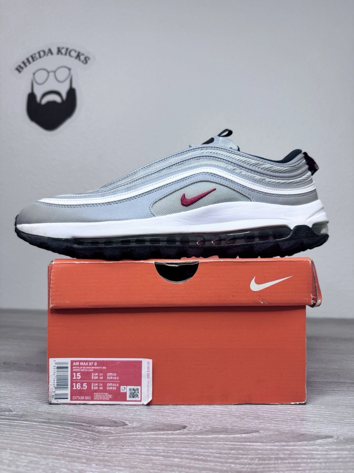 Size 15 - Nike Air Max 97 Golf Silver Bullet CI7538-001 Preowned Authentic Asics Shoes No Laces