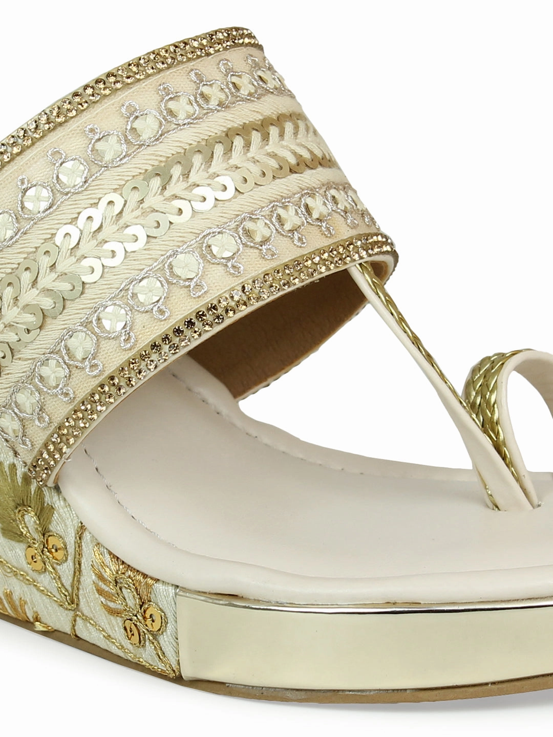 Sandals With Backs Women Beige Embellished Ethnic Wedge Sandals