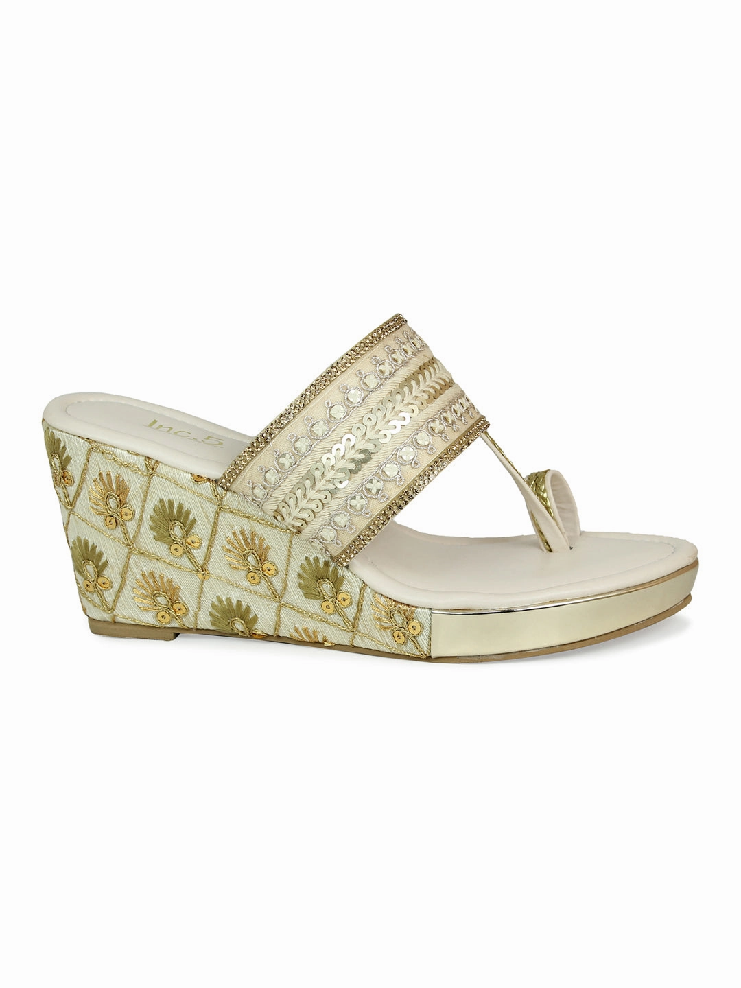 Leather Closed Toe Sandals Women Beige Embellished Ethnic Wedge Sandals
