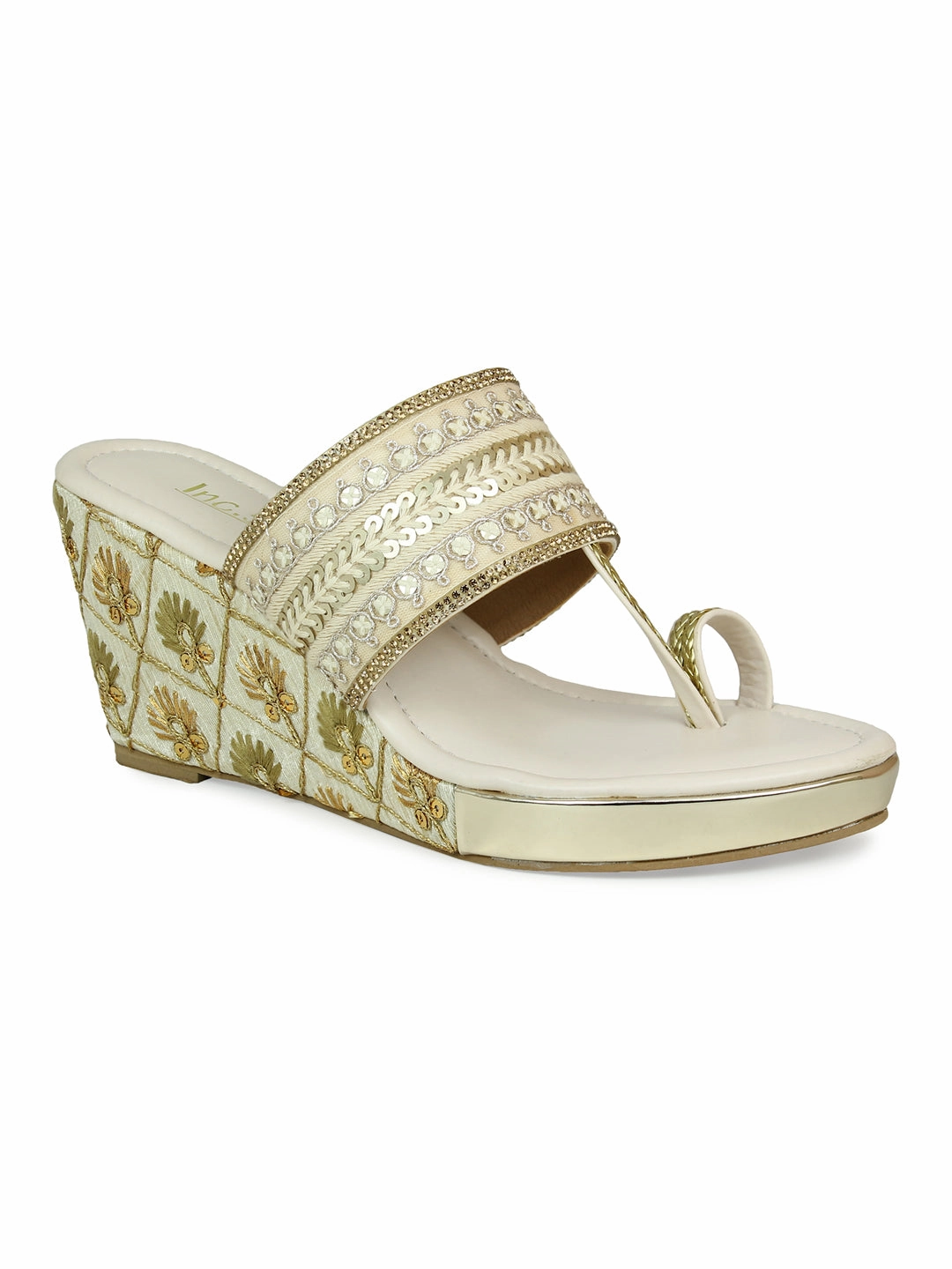 Italian Sandals Made In Italy Women Beige Embellished Ethnic Wedge Sandals