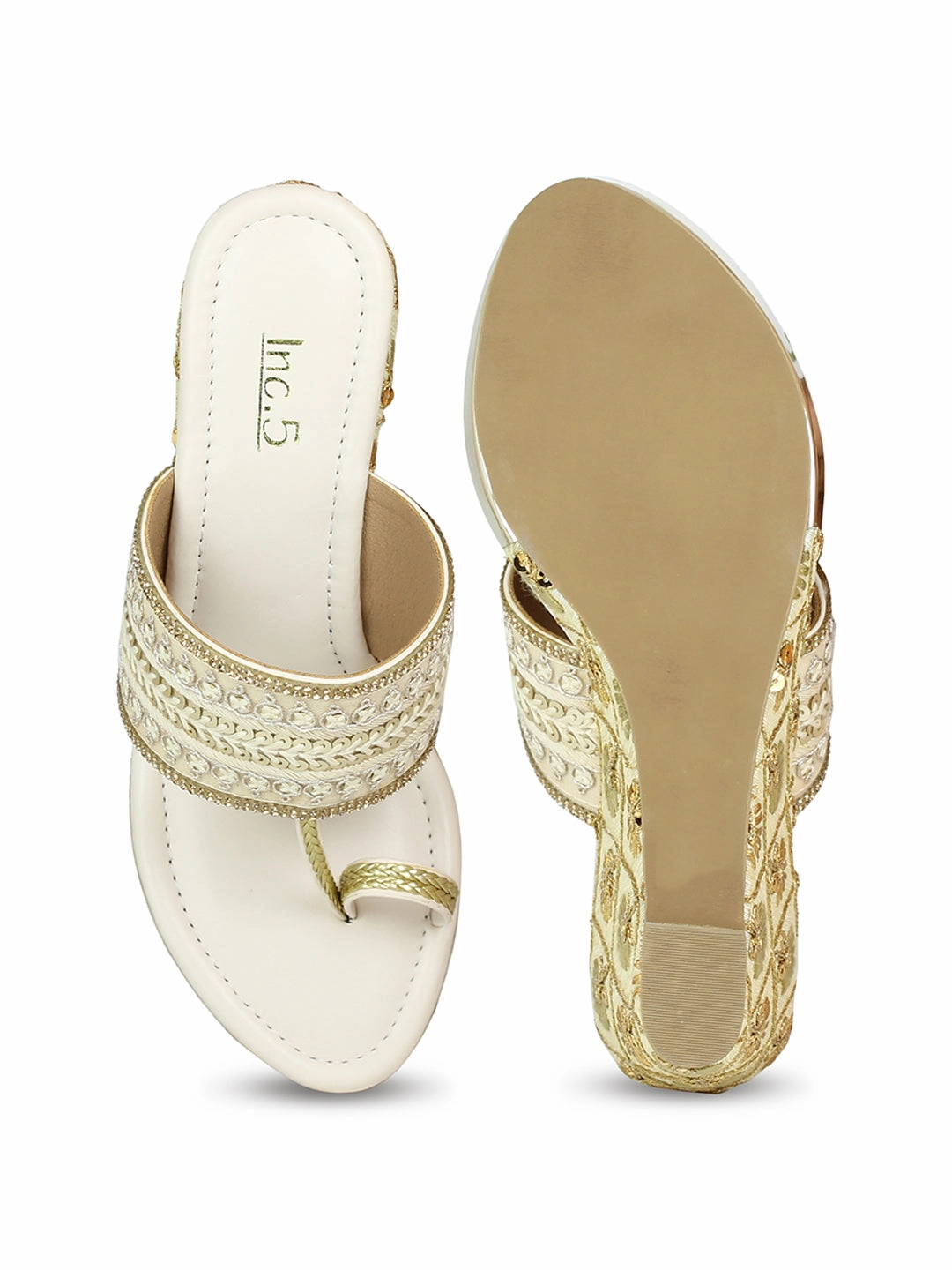 Sandals Church Jobs Women Beige Embellished Ethnic Wedge Sandals