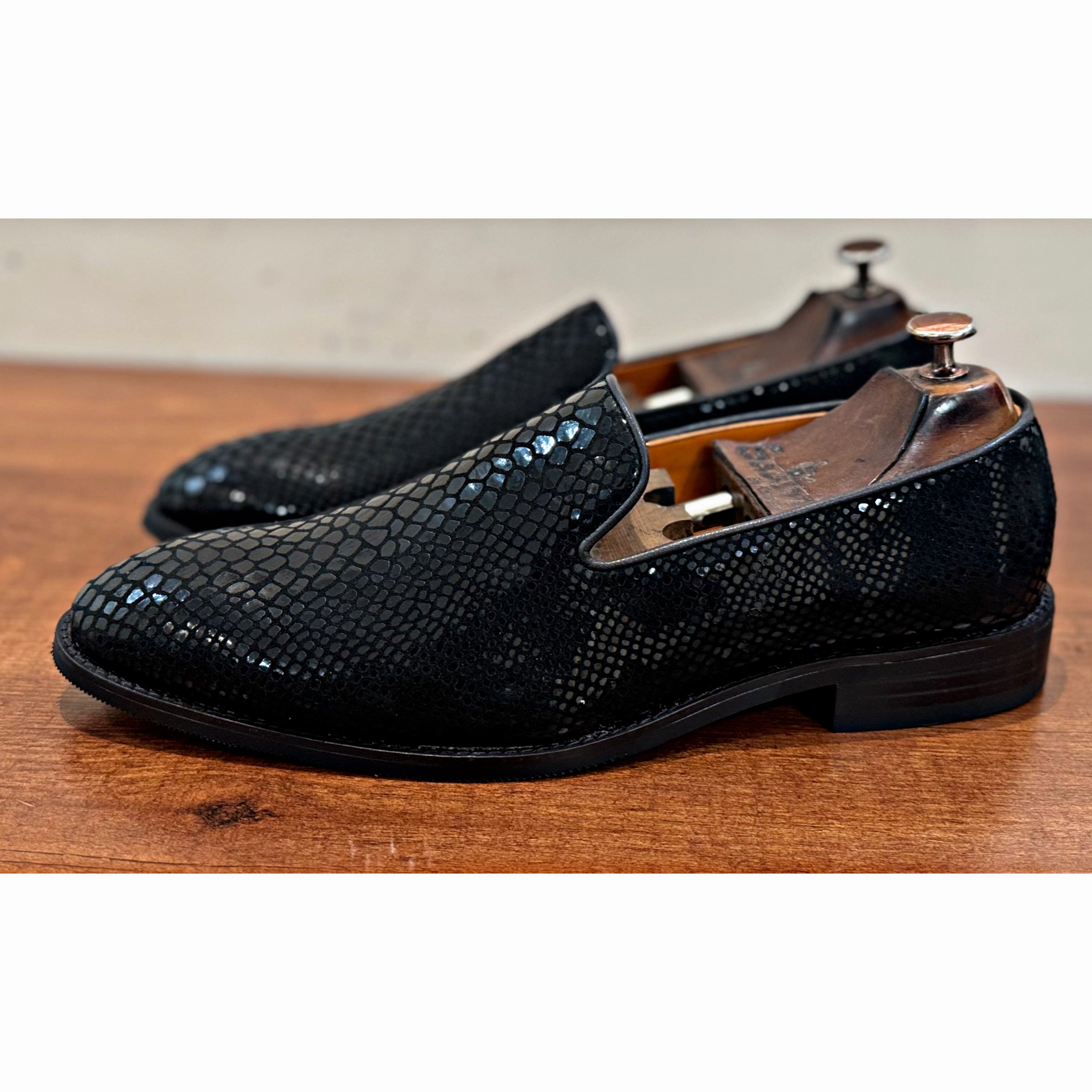 Adrian Tumbled Nubuck Leather Tassel Loafers Snake Foil Loafers Black