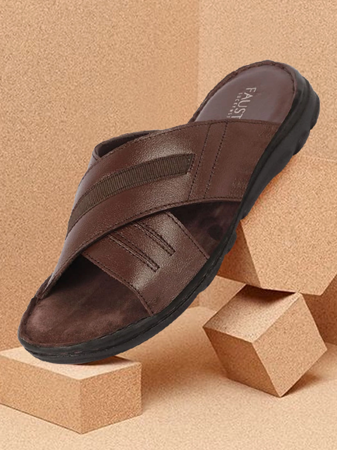 Slippers Custom Men Brown Genuine Leather Cross Strap Open Toe Suede Leather Insole Slippers