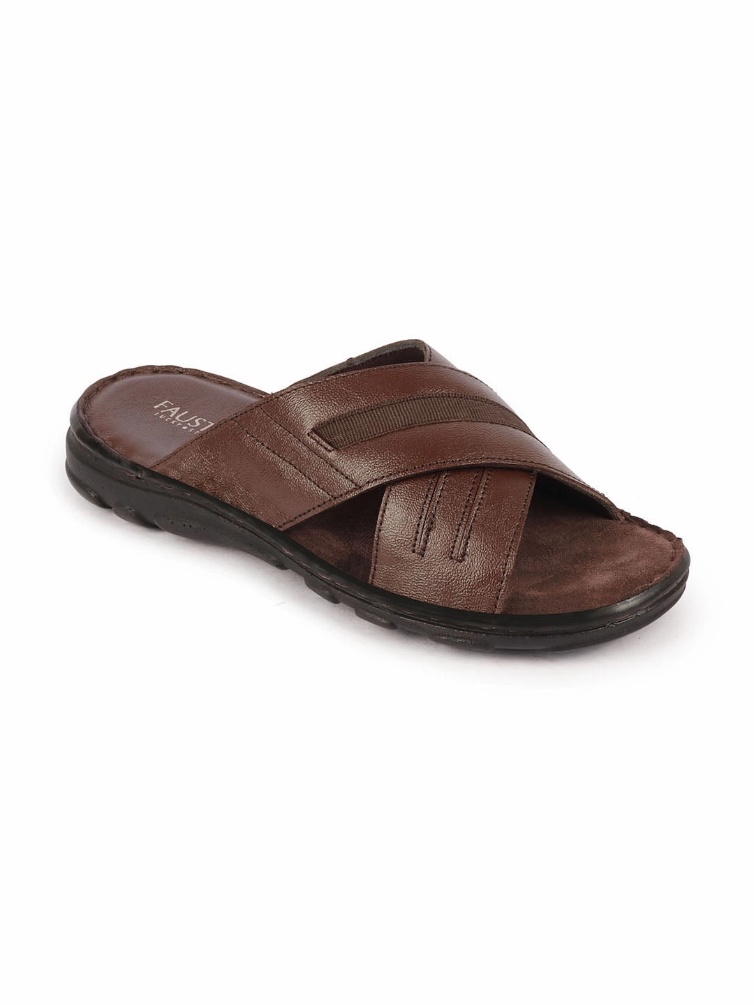 Men Brown Genuine Leather Cross Strap Open Toe Suede Leather Insole Slippers Raider Slippers