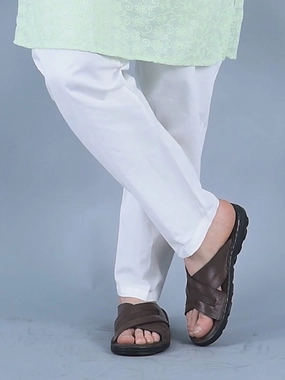 Childrens Shark Slippers Men Brown Genuine Leather Cross Strap Open Toe Suede Leather Insole Slippers