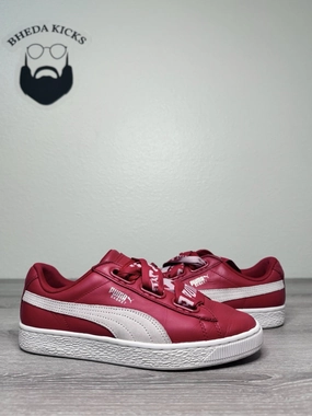 Size 8.5W - Puma Basket Heart 364082-03 Red White Classic Bow Women Ribbon Laces Skinny Jeans And Sneakers
