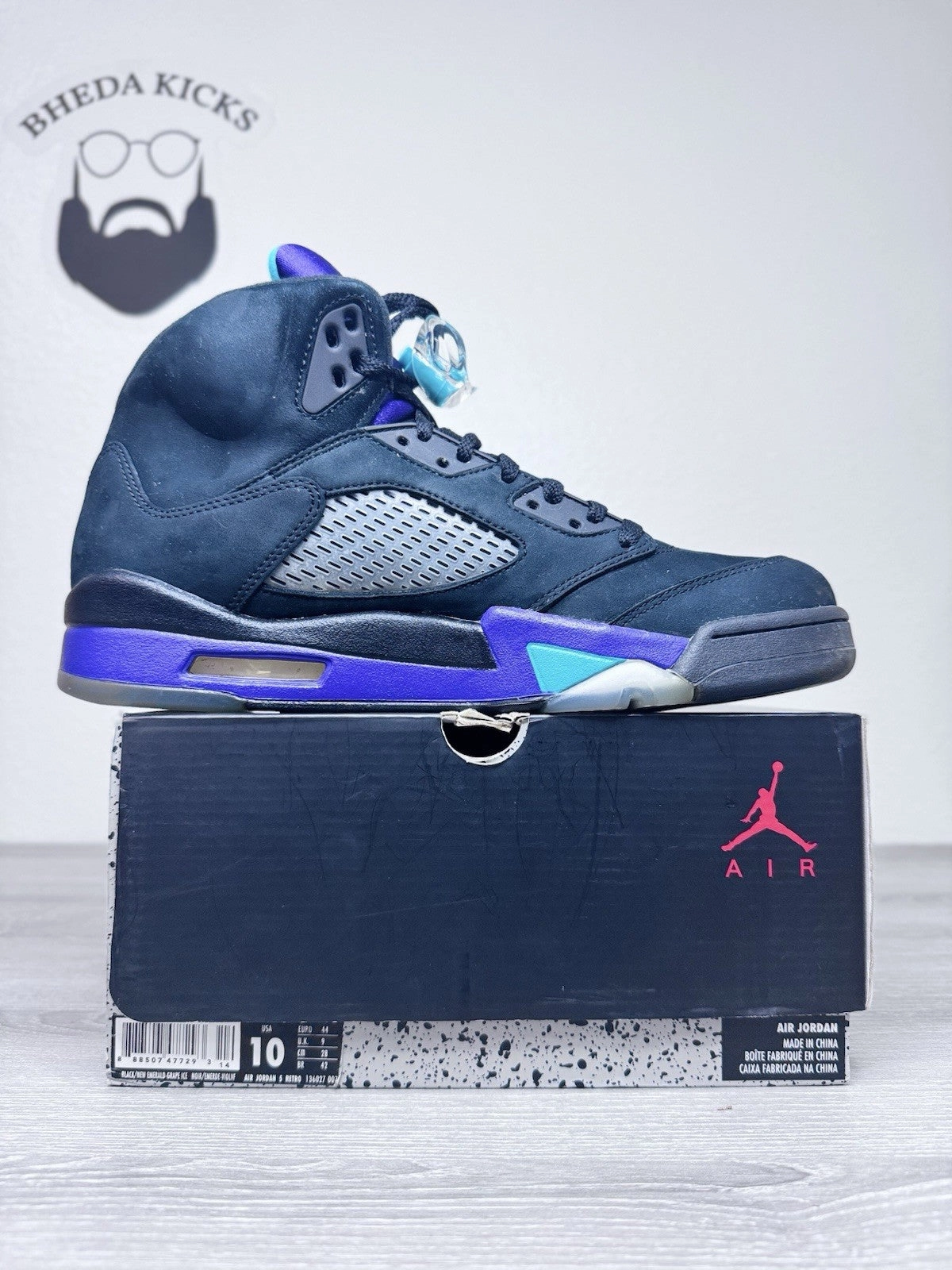 Size 10 - Nike Air Jordan 5 Retro Black Grape Mens Sneakers 136027-007 Preowned Asics Youth Shoe Size Chart