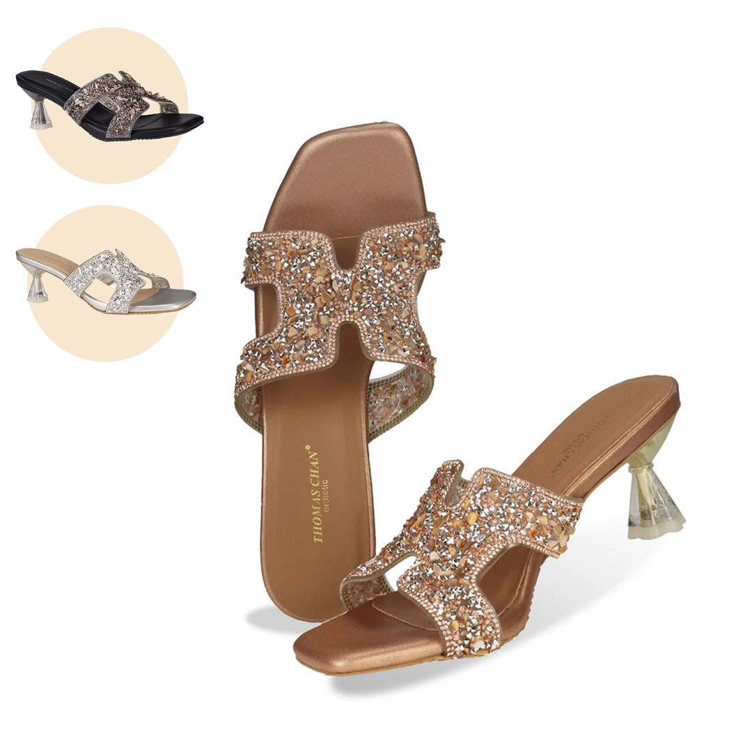 Sparkle Jewel H-strap Heeled Sandals 1.5" inch [Dinner Series] Sling Back Sandals