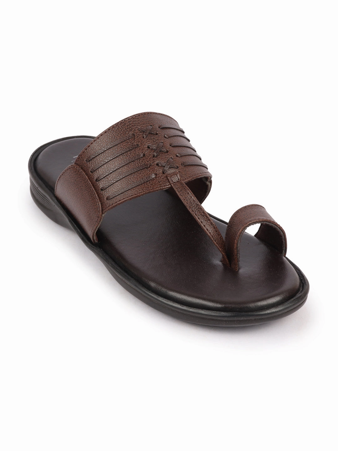 Men Brown Daily Indoor Outdoor Comfort Stitched Design Kolhapuri Toe Ring Slip On Slipper Lemaire Leather Slippers
