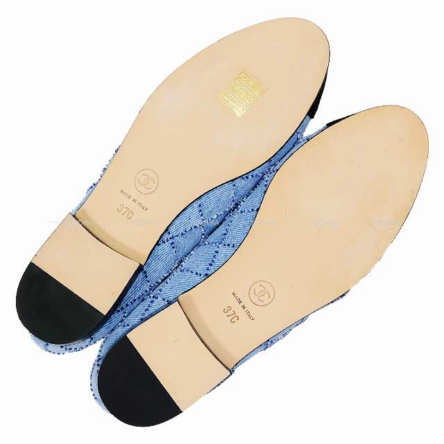 Brown Shoe Laces CHANEL ballet shoes(flat shoes) Flat Matelasse Coco mark Ribbon 37C  Blue Denim 37C G02819[EXCELLENT][Authentic]