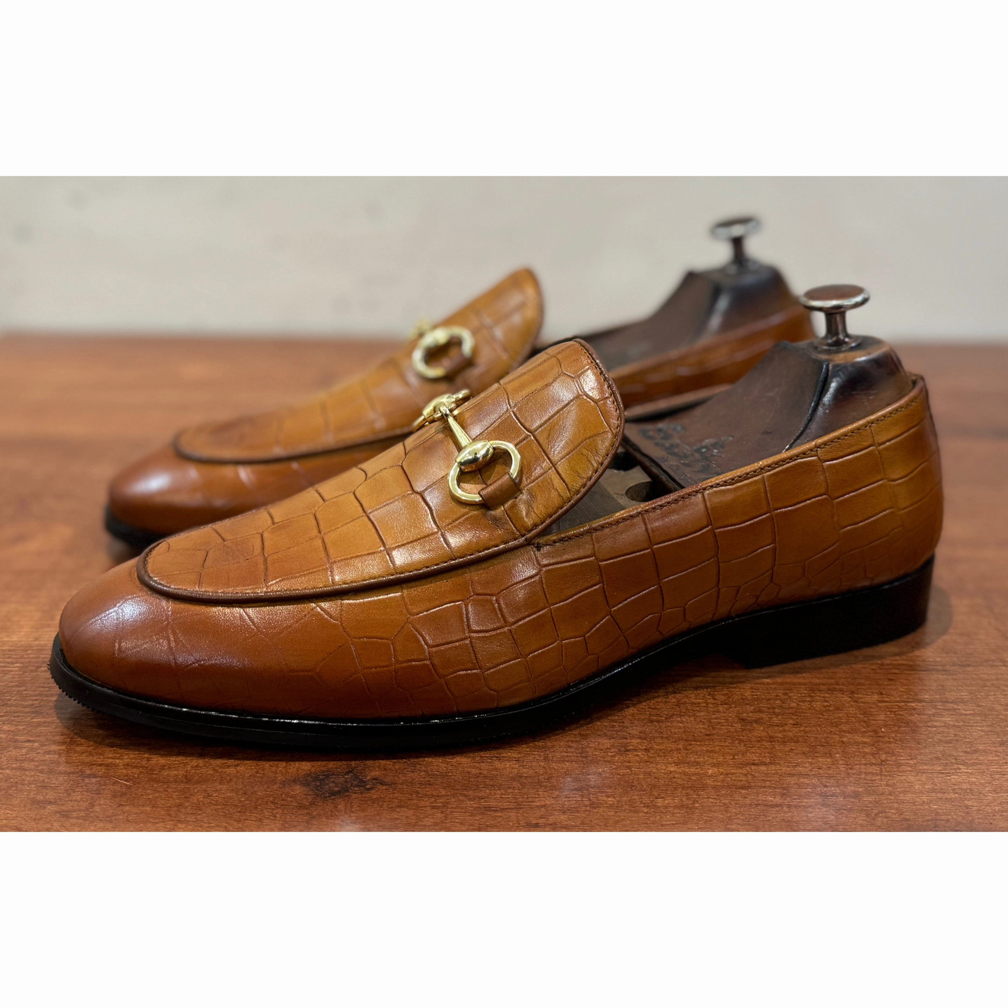 Penny Loafers Without Socks Tan Croco Horsebit  Loafers