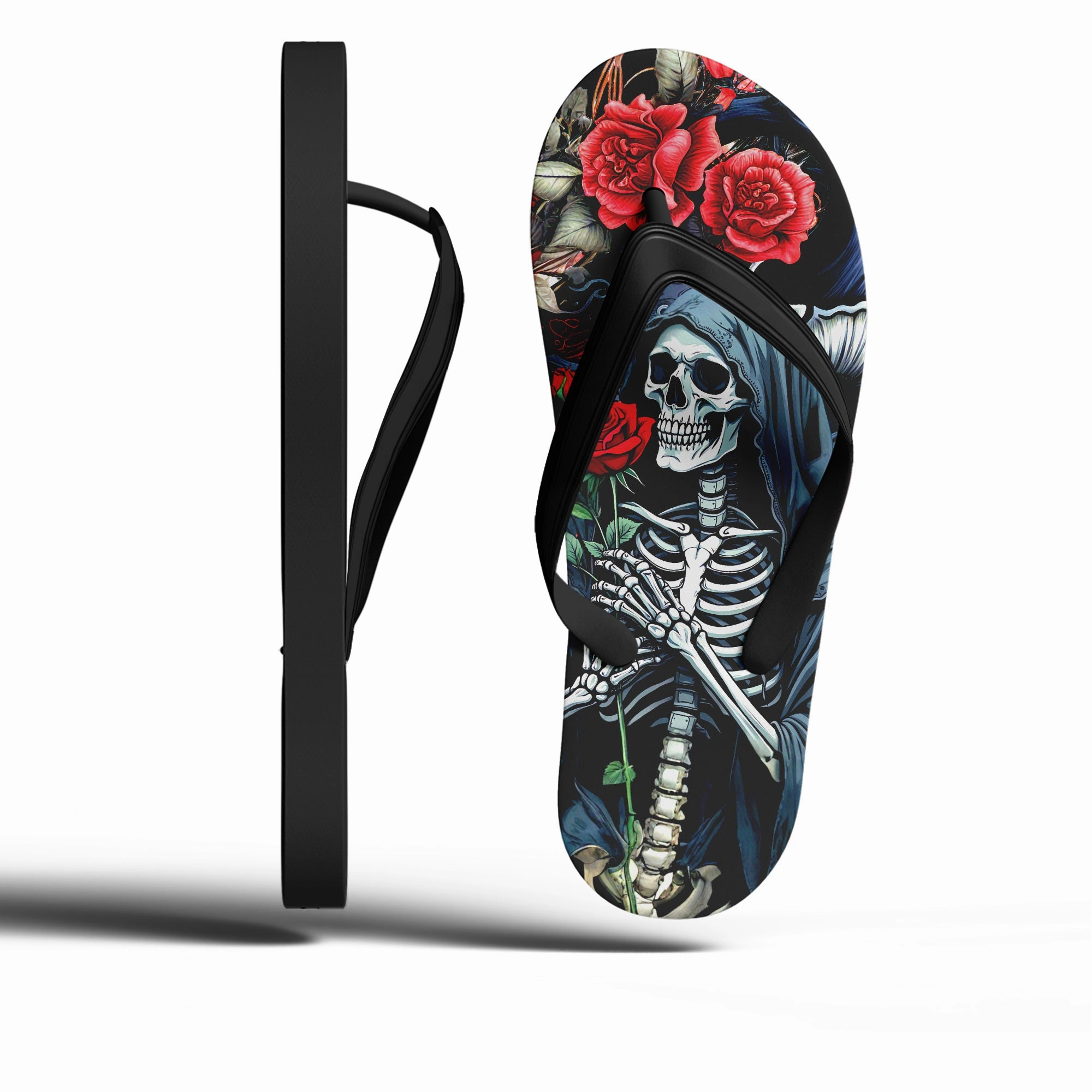 Amazing Flip Flops Toponepod Grim Reaper Rose Flip Flops | Custom Skeleton Sandals with Red Floral Art & Dark Hooded Skull Design | FN058-25023046-4
