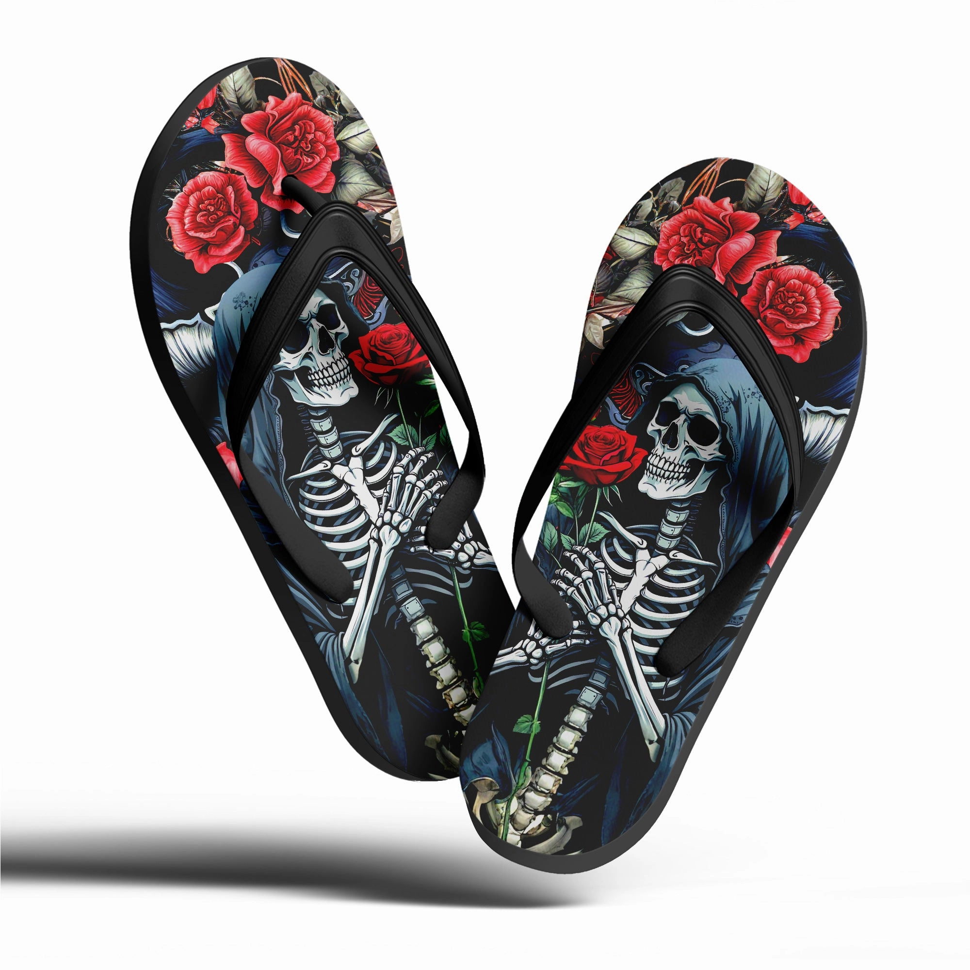 Toponepod Grim Reaper Rose Flip Flops | Custom Skeleton Sandals with Red Floral Art & Dark Hooded Skull Design | FN058-25023046-4 Flip Flop Digital Logic