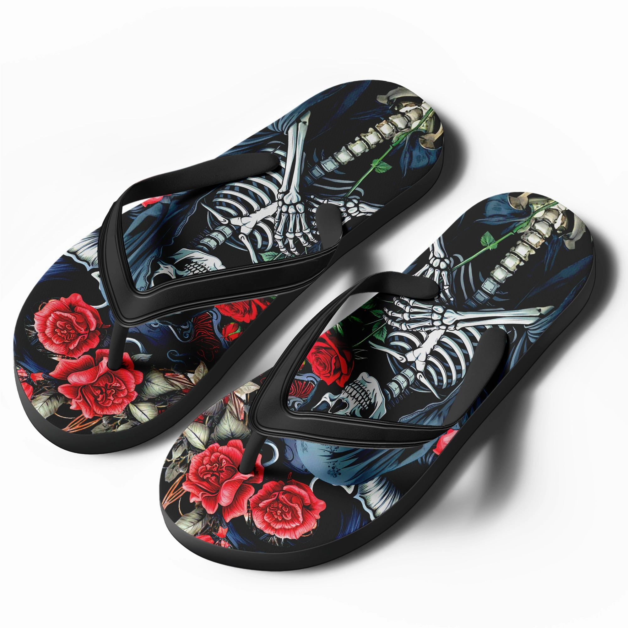 Flip Flopping Toponepod Grim Reaper Rose Flip Flops | Custom Skeleton Sandals with Red Floral Art & Dark Hooded Skull Design | FN058-25023046-4