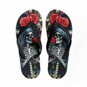 Toponepod Grim Reaper Rose Flip Flops | Custom Skeleton Sandals with Red Floral Art & Dark Hooded Skull Design | FN058-25023046-4 Born Leather Flip Flops