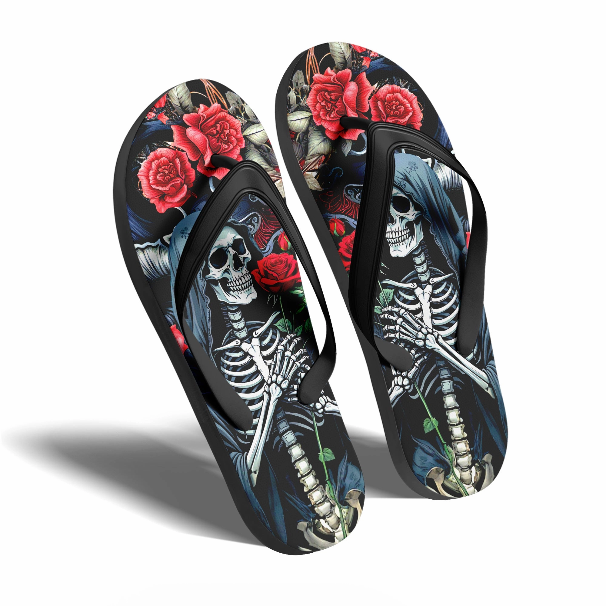 Flip Flops With Diamonds Toponepod Grim Reaper Rose Flip Flops | Custom Skeleton Sandals with Red Floral Art & Dark Hooded Skull Design | FN058-25023046-4