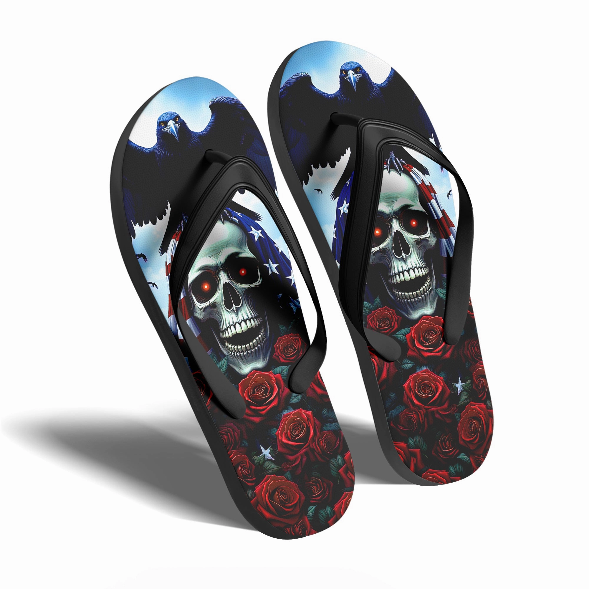Flip Flops In Pakistan Toponepod Skull Raven Flip Flops | Custom Red Rose Gothic Sandals with American Flag & Dark Skull Art | FN058-25023046-6