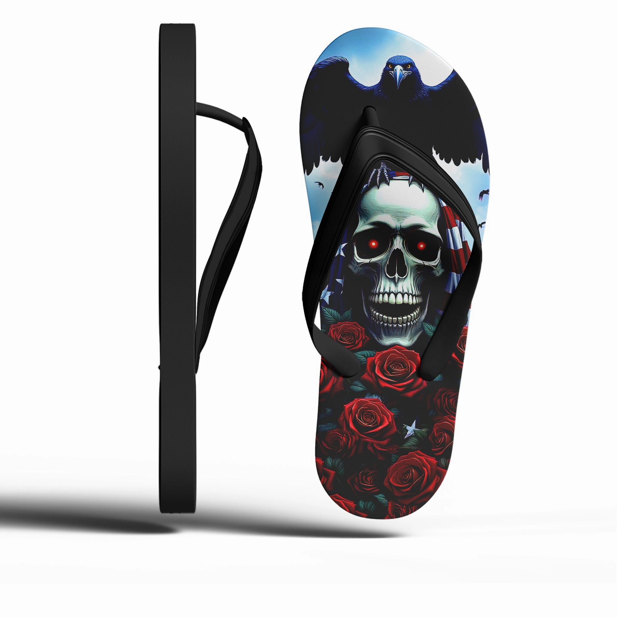 Customized Flip Flops Toponepod Skull Raven Flip Flops | Custom Red Rose Gothic Sandals with American Flag & Dark Skull Art | FN058-25023046-6