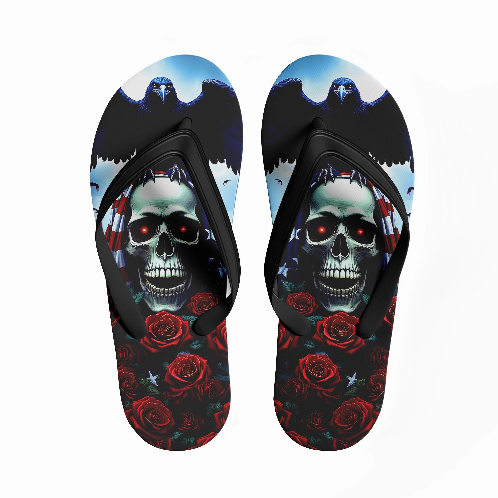 T Rex Flip Flops Toponepod Skull Raven Flip Flops | Custom Red Rose Gothic Sandals with American Flag & Dark Skull Art | FN058-25023046-6