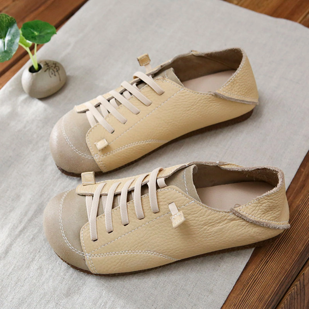 Women Leather Lace-Up Handmade Paneled Retro Shoes Casual Leather Walking Shoes