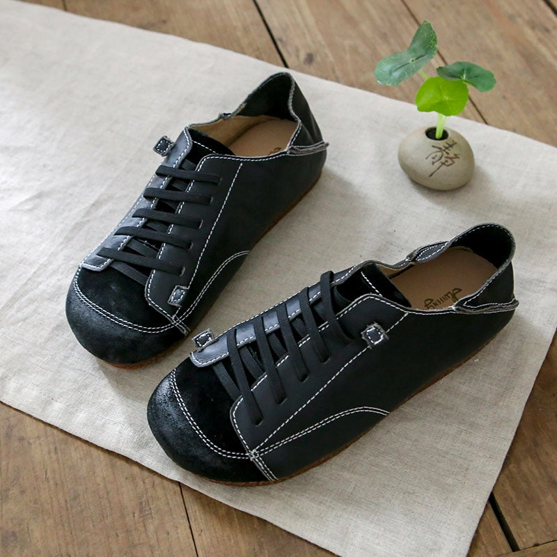 Women Leather Lace-Up Handmade Paneled Retro Shoes Casual Cool Shoes