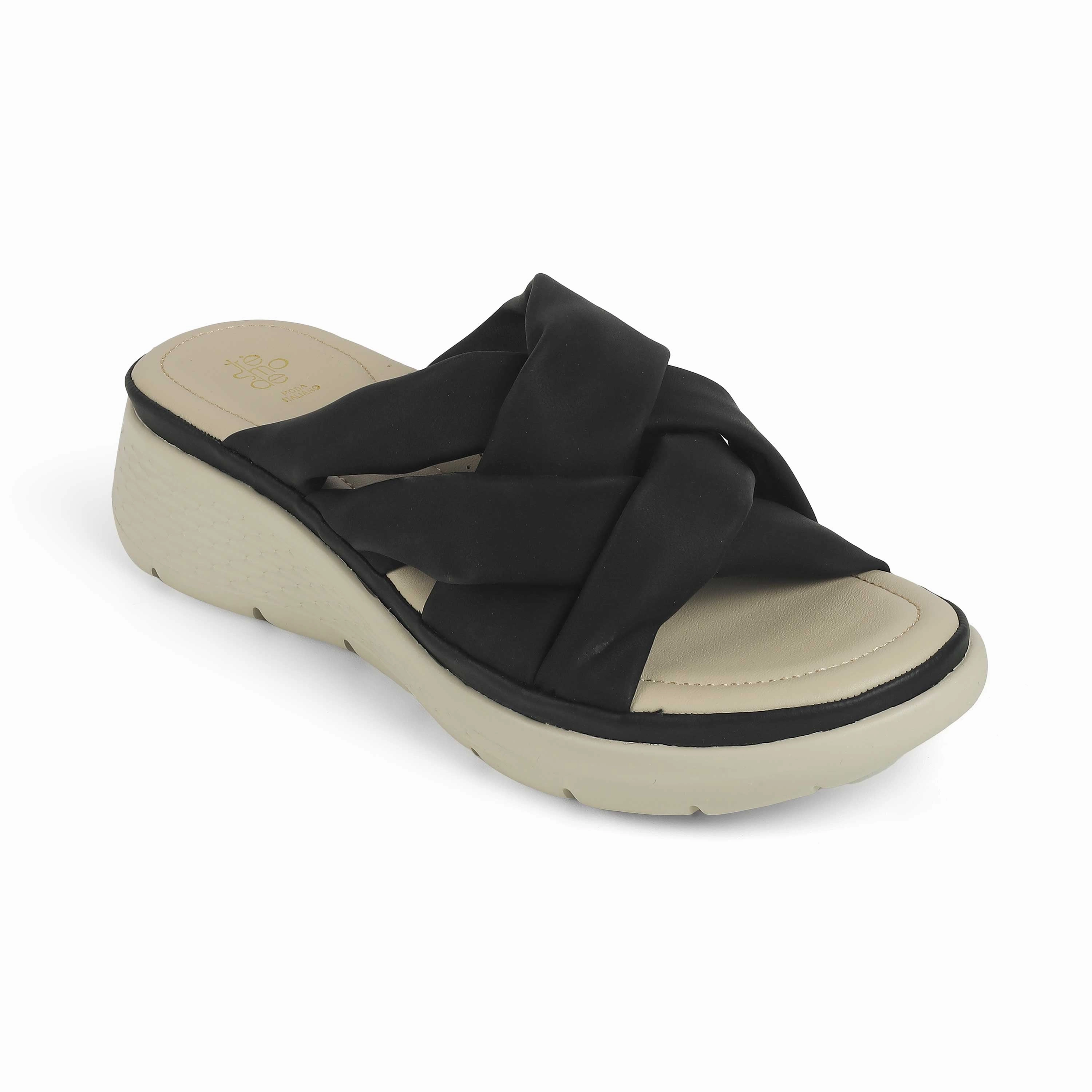Tresmode Yol Black Women's Casual Wedge Sandals Flat Business Casual Shoes Open Toed With Arches