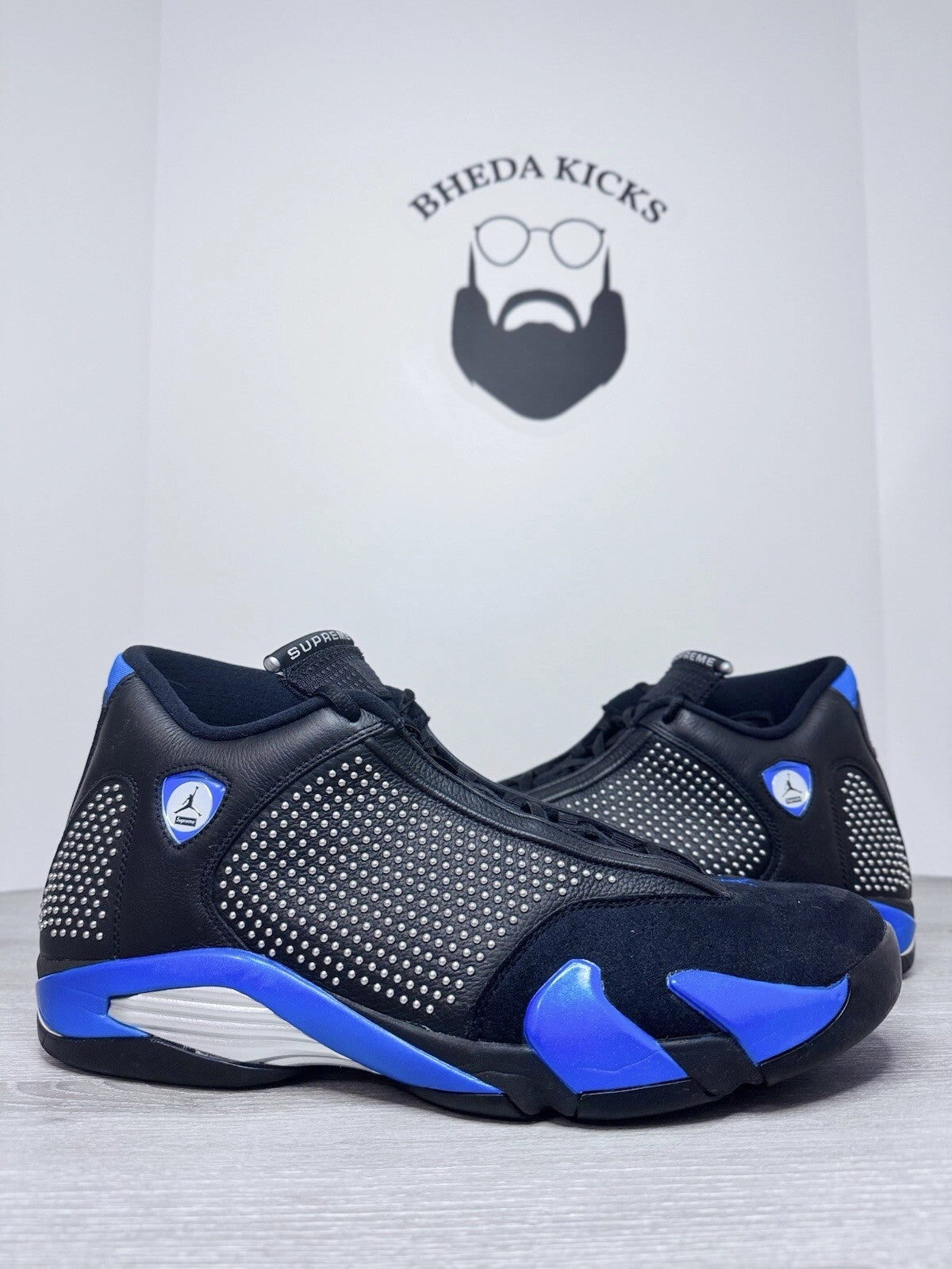 Size 15 - Nike Air Jordan 14 XIV Supreme Black Blue Chrome BV7630-004 Rare Asics Special Edition Shoes