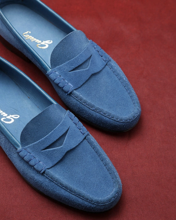 Vintage Loafers Moccasin Simple Sole Suede Blue